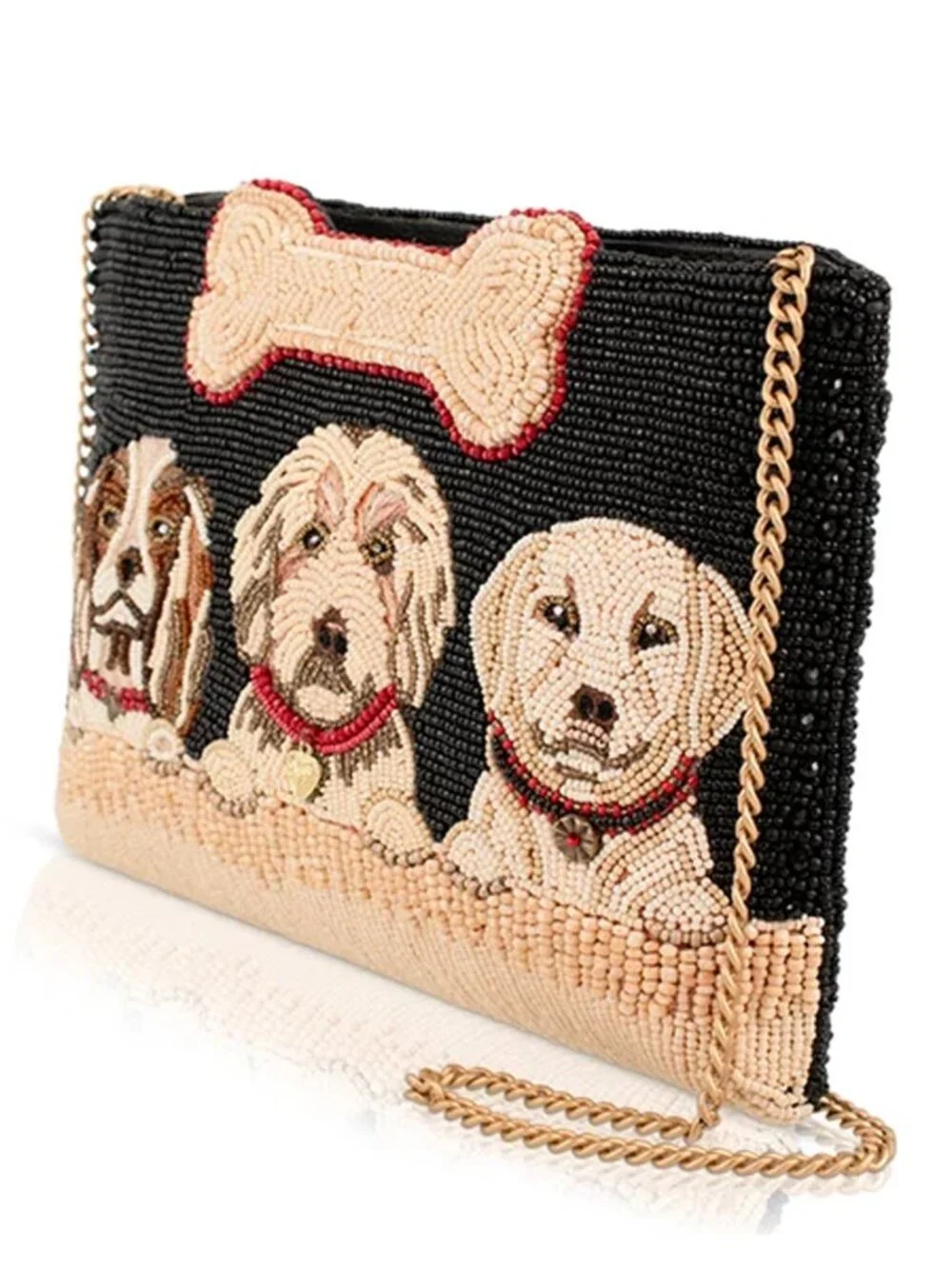 Mary Frances Pawsome Puppy Dog Bone Beaded Handbag Zip Bag Black Cream Purse NEW
